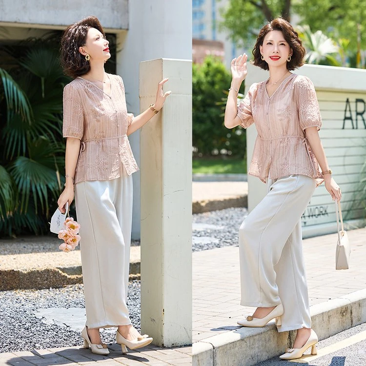 中老年女装妈妈装夏季中国风两件套衬衫休闲裤子高端品质柔软舒适