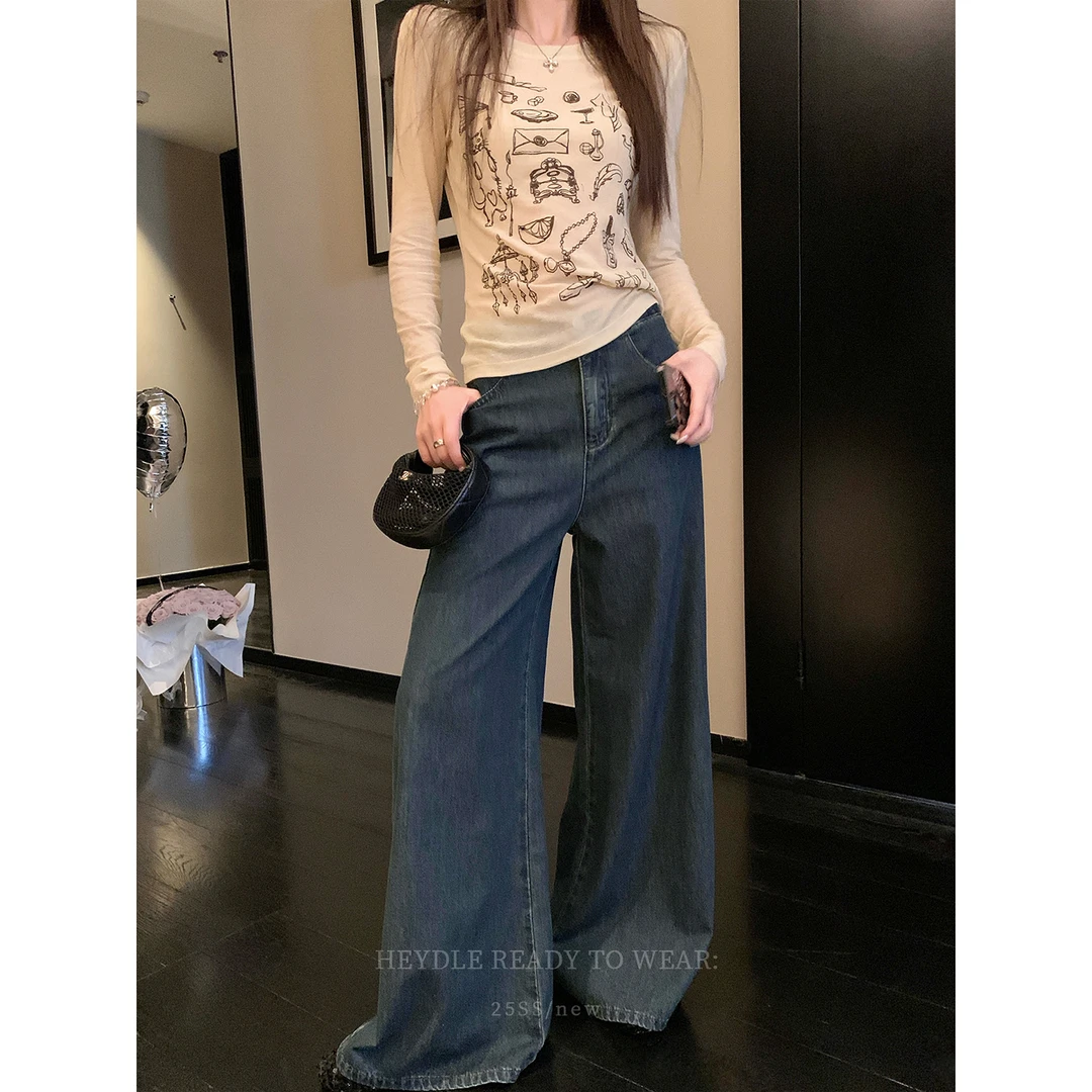 黑豆哼哼 第五街区*深蓝色阔腿牛仔裤女夏薄款宽松垂感裤子直筒裤