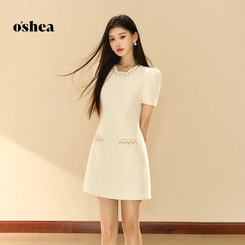 oshea【官方专享】栀子白 法式小香千金风连衣裙女泡泡袖收腰a字裙