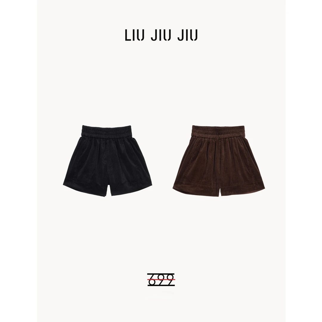 LIUJIUJIU 复古纯色灯芯绒松紧腰百搭气质短裤BQ2637L