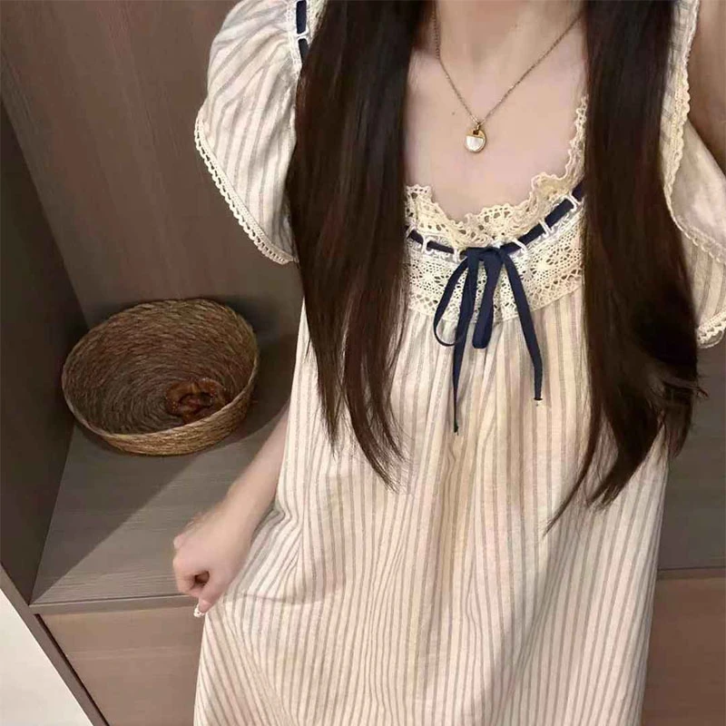 韩系奶灰蕾丝条纹睡裙女夏季2025新款甜美简约长款裙子家居服外穿