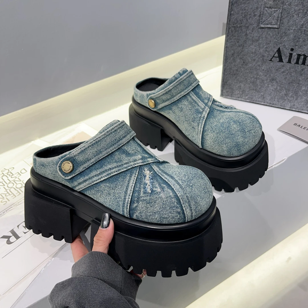 【小涵家】春秋新款欧洲站时尚小众极简牛仔做旧厚底【8cm】包头拖ins