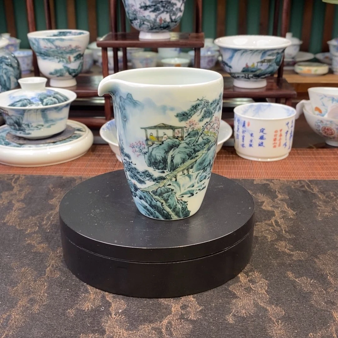 手工陶瓷柴窑青绿山水公道杯