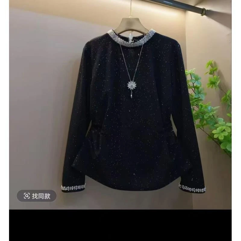 大码女装钉珠半高领长袖满天星小衫胖妹妹法式气质轻熟风洋气上衣