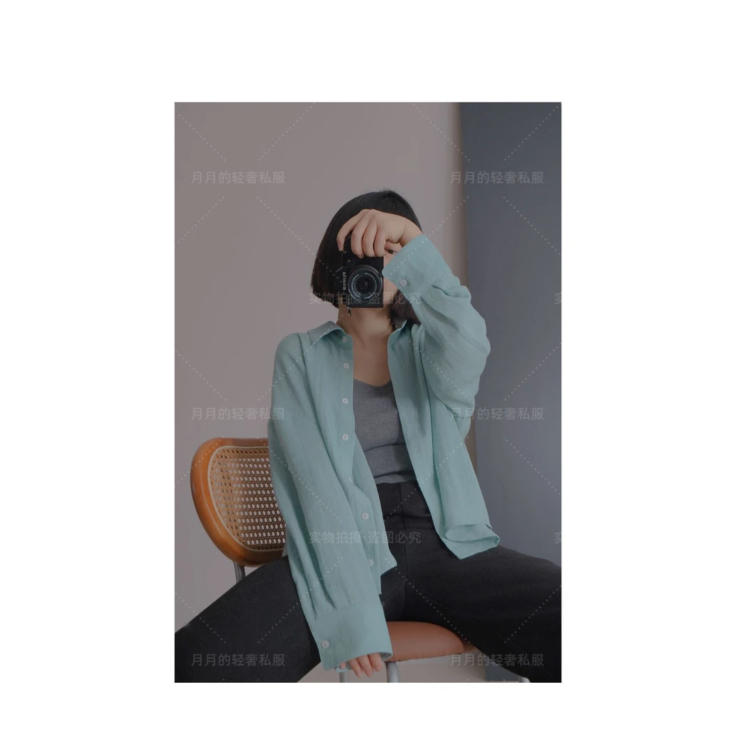 【金标炒色麻感衬衣】浅蓝色衬衫女士气质上衣女款爆款2025新款正品
