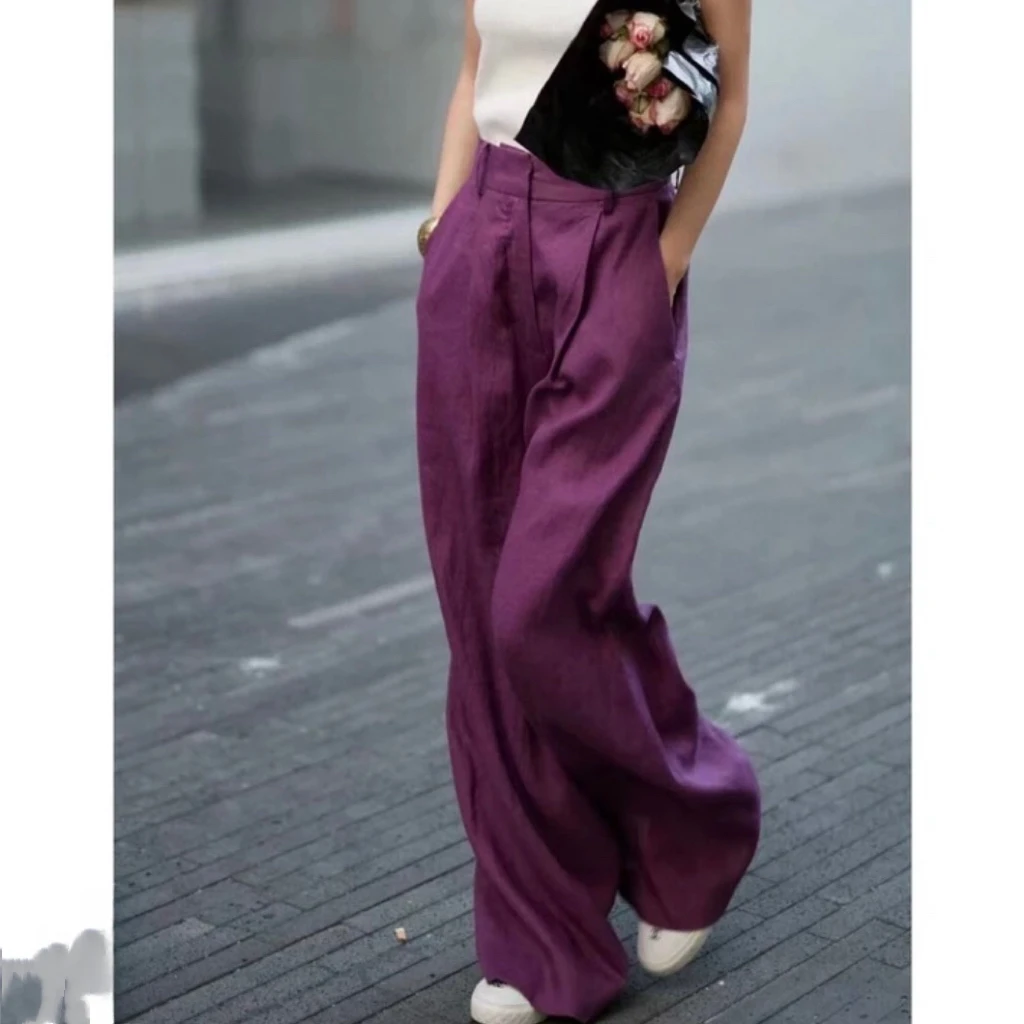 时尚高腰100天然亚麻女士宽松显瘦直筒休闲阔腿薄款长裤