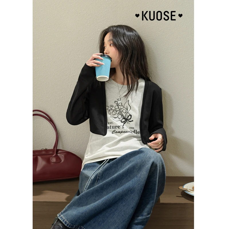 阔色假两件薄款长袖T2025春季新款针织打底衫字母上衣KSD2501011