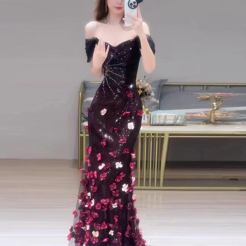 一字肩新娘敬酒服订婚宴花朵亮片仙气质主持人感鱼尾晚礼服裙新款