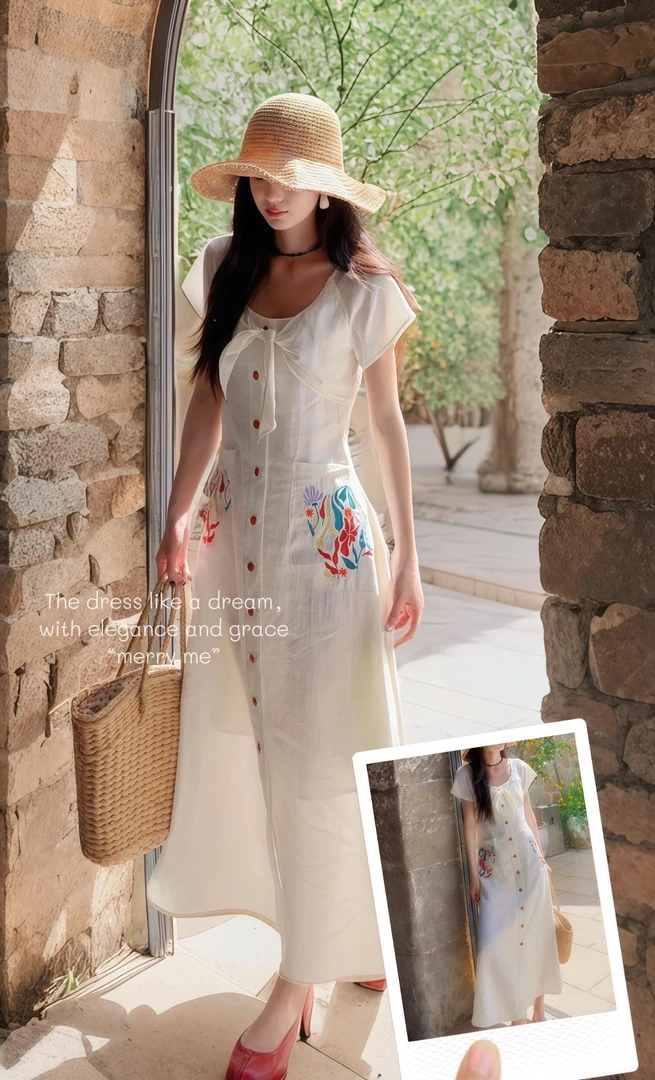 显瘦得体大方2025女气质连衣裙小个子裙子夏季新款白色单排扣法式