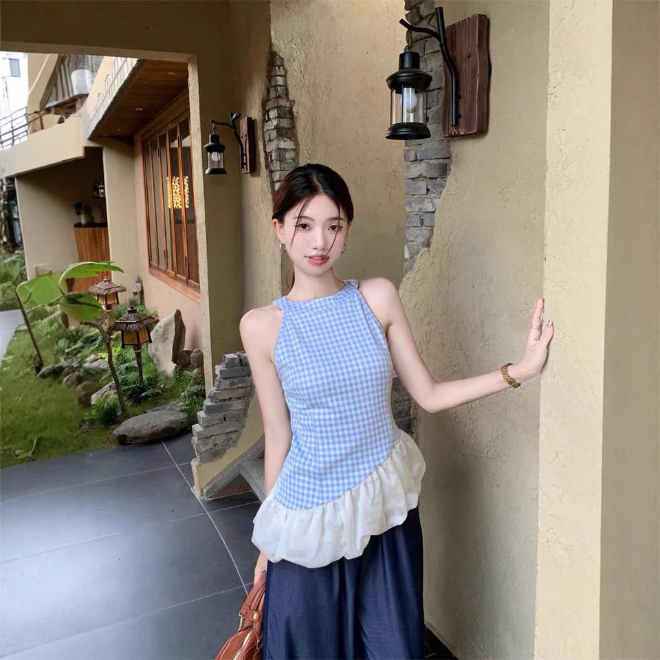 新款不规则荷边拼接蓝色格子吊带背心美背女外穿修身一体式带胸垫