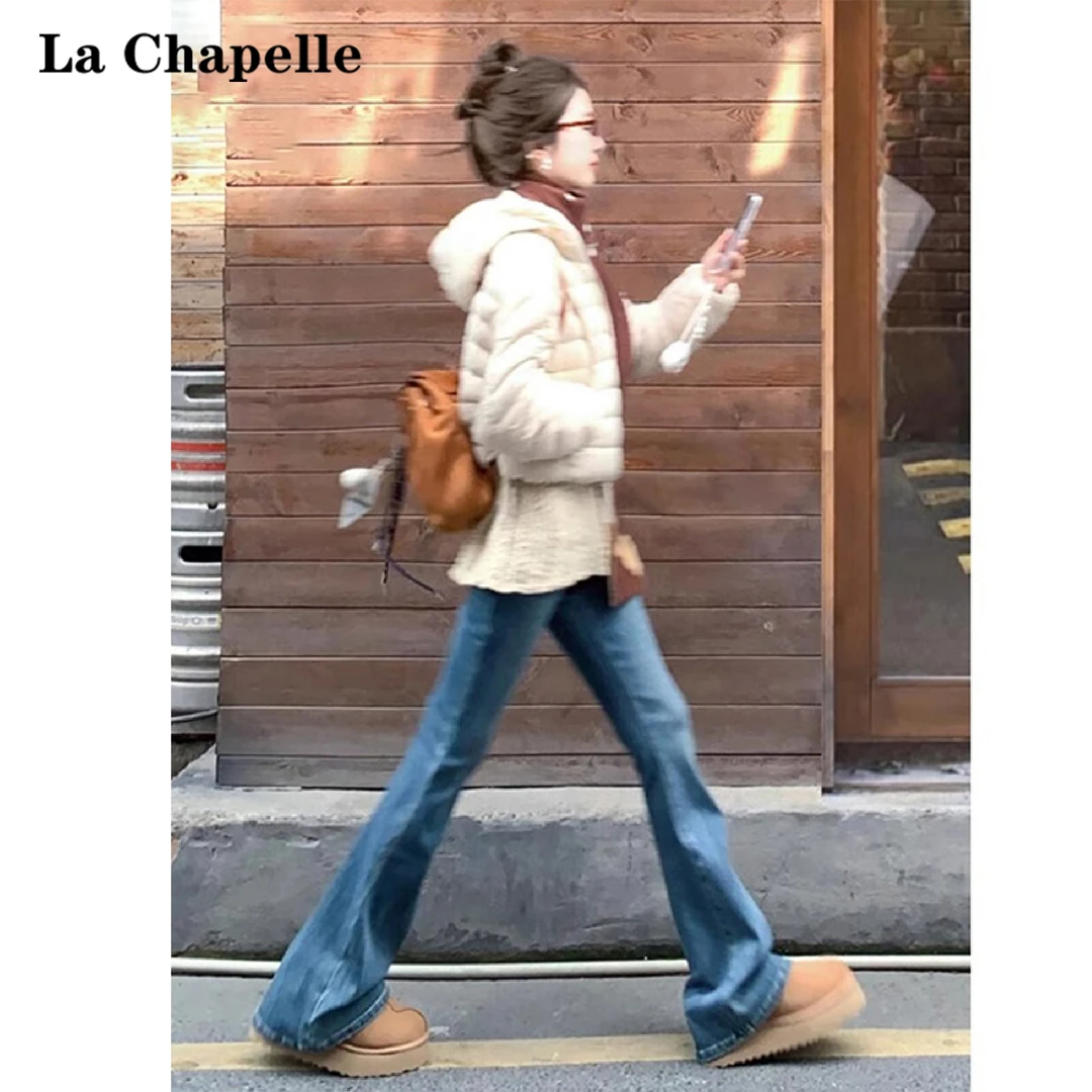 拉夏贝尔微喇叭牛仔裤女2025新款冬季小个子弹力修身加绒裤子潮