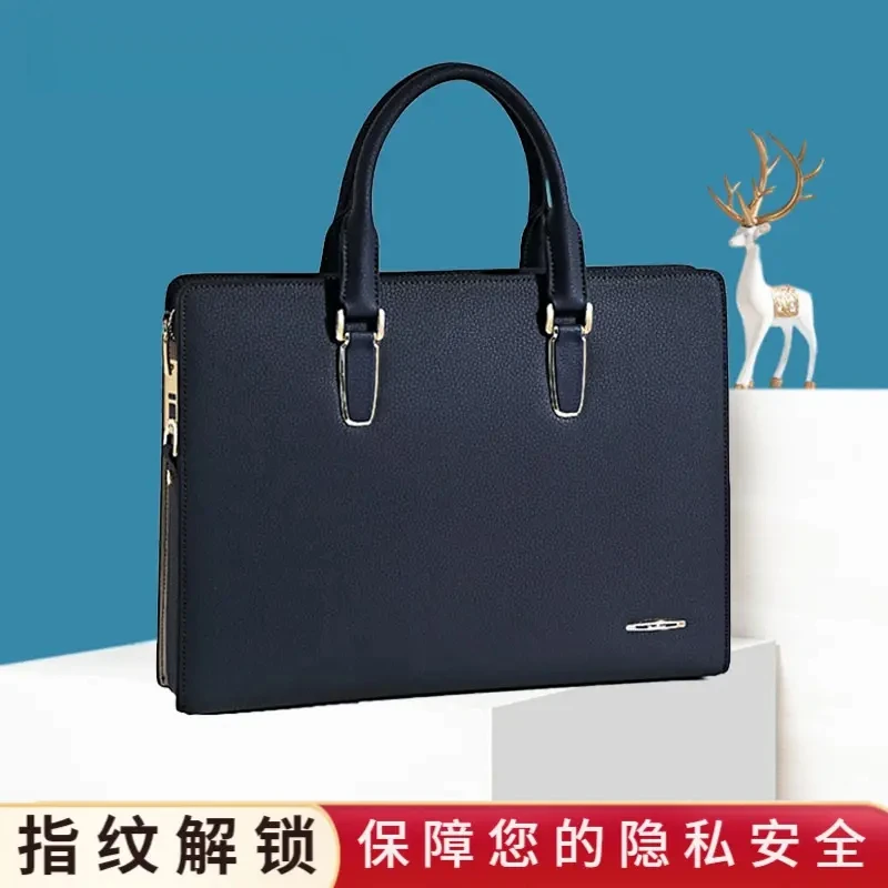 男士真皮高档指纹解锁商务时尚公文包大气质感手提包轻便斜挎肩包