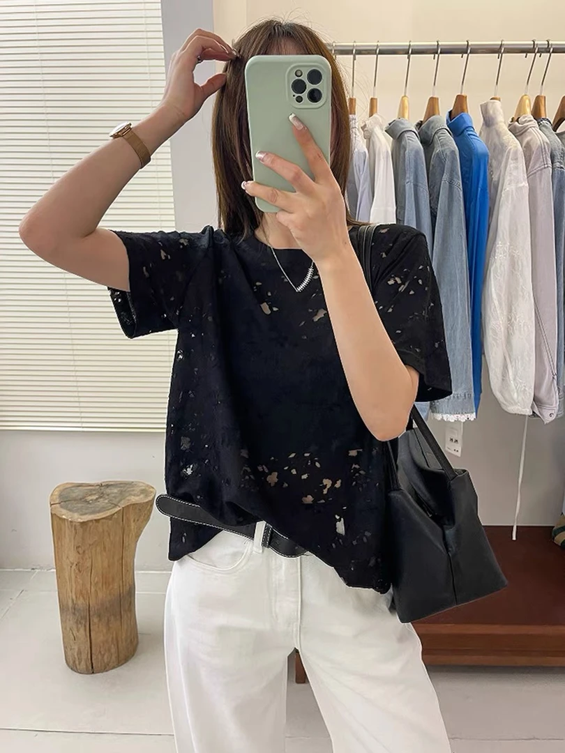 《木兮木》2025提花印花百搭轻职风夏季恤吸汗常规通勤气质短袖2555