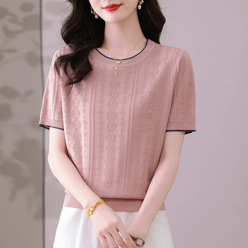 中年妈妈夏装天丝短袖t恤2025新款时尚女装洋气上衣薄款针织小衫