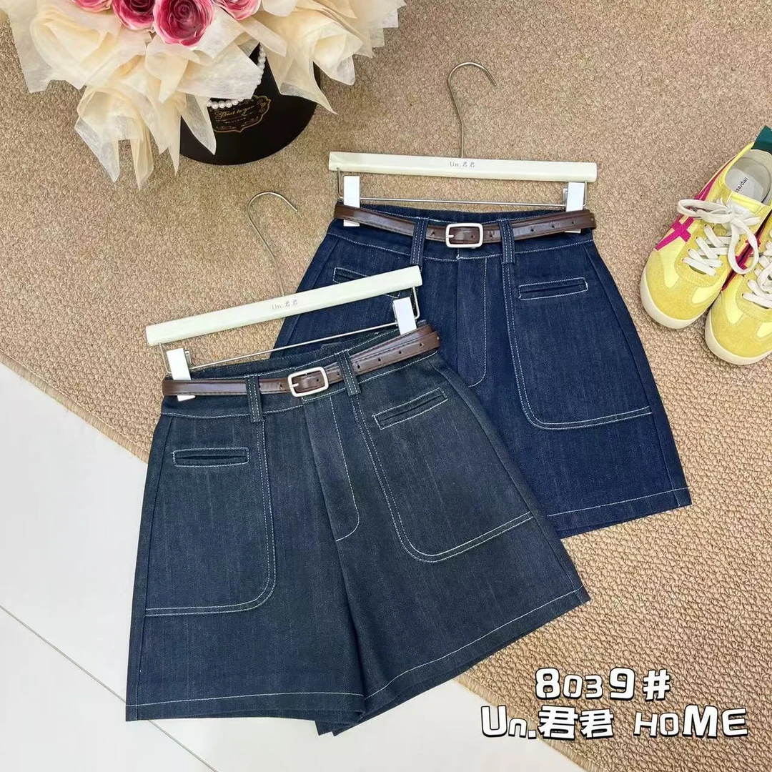 君君家【特色明线】8039高腰特色明线无弹牛仔短裤