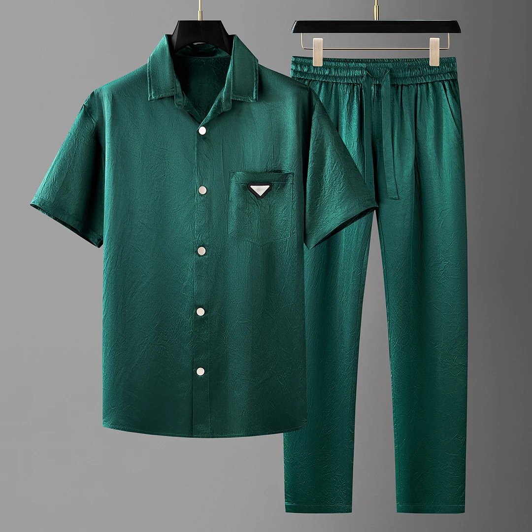 梵基弗奈高端轻奢冰丝醋酸两件套男夏季时尚宽松短袖休闲运动套装