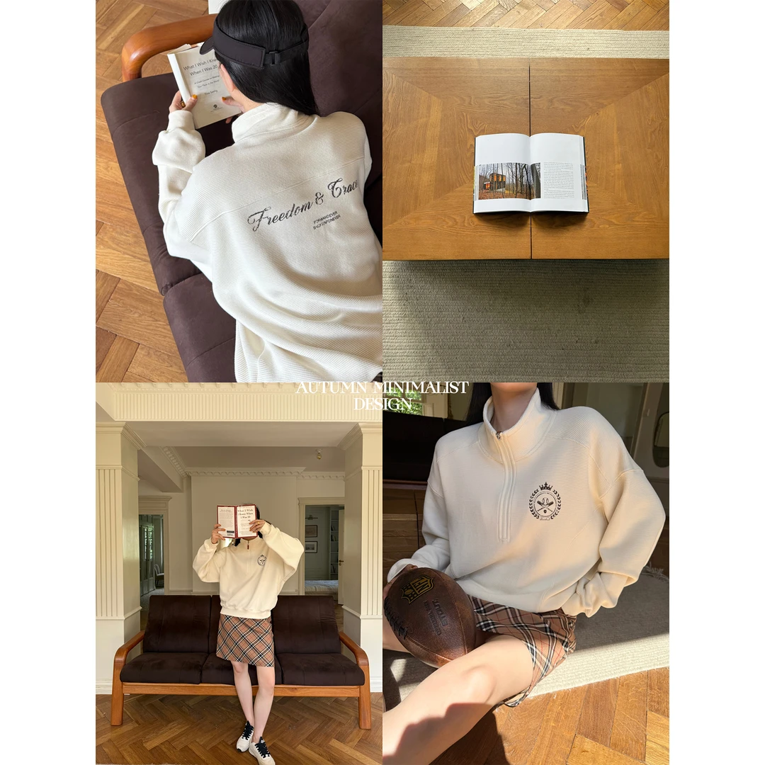 周淼【复古美高】笈简百搭上衣 立领华夫格休闲卫衣女ZM25Z0347C