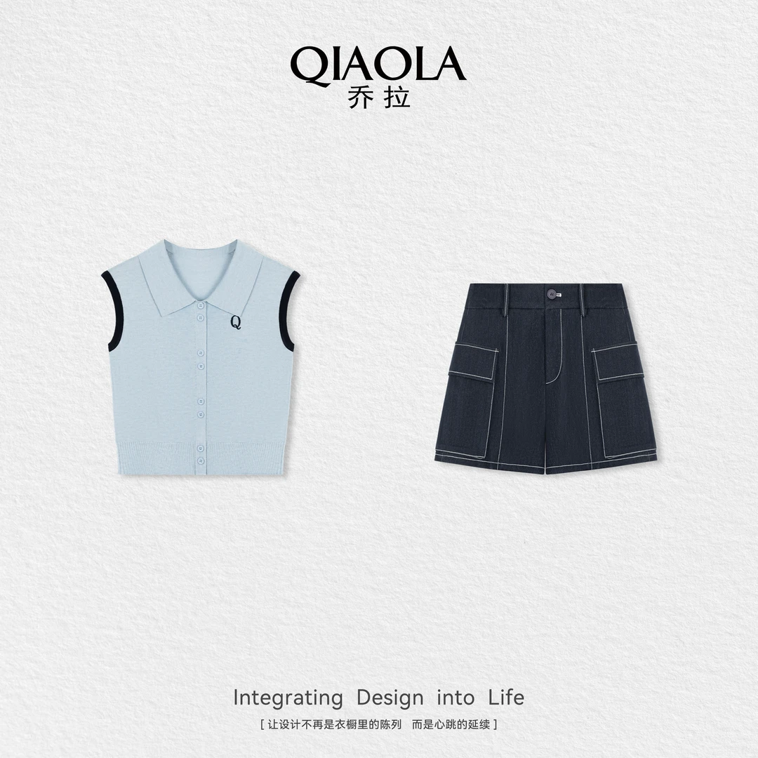 QIAOLA/乔拉【海洋呼吸】夏新款毛织无袖上衣牛仔短裤时尚套装预售