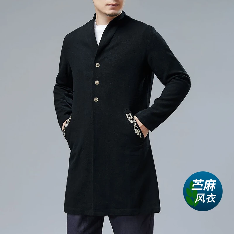 男士风衣外套春秋季中长款中国风苎麻新中式大衣复古棉麻禅意衣服
