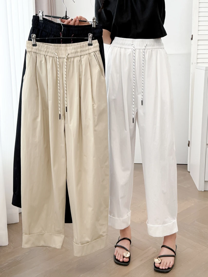 夏款新款大码透气松紧高腰休闲裤百搭纯色薄款直筒阔腿九分裤