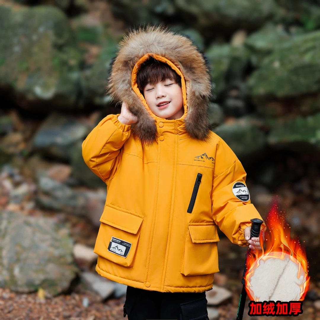 男童冬季2025新款加绒大毛领派克服中小童洋气时尚加厚保暖外套潮