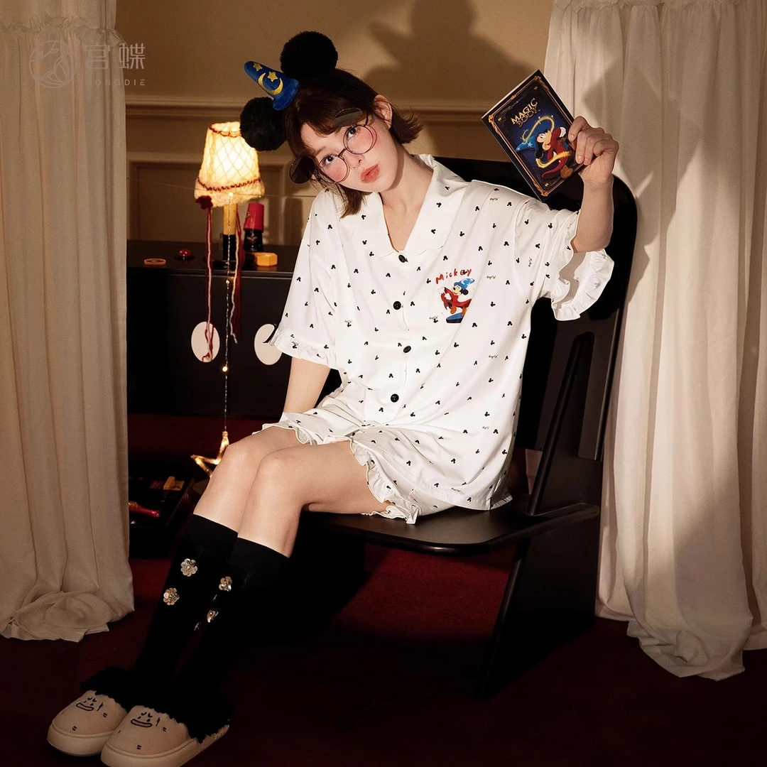 宫蝶【凉感型】迪士尼米奇莫代尔棉睡衣女夏季短袖甜美开衫家居服