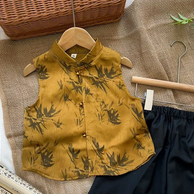 男童2025新款夏季薄款周岁礼服中国风唐装宝宝新中式背心提花套装