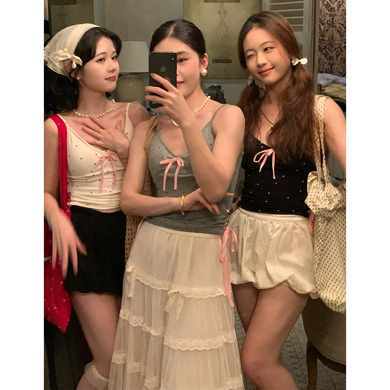 法式设计感蝴蝶结波点背心吊带女新款内搭无袖短款上衣WG25001