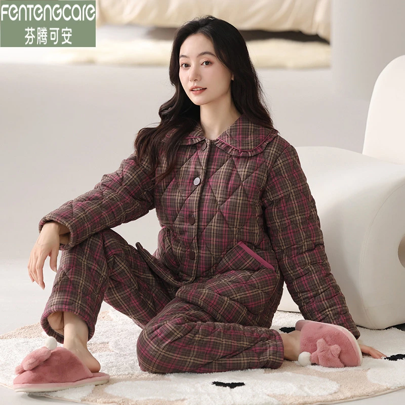 芬腾可安梭织纯棉夹棉睡衣女士三层加绒加厚保暖开衫家居服秋冬季