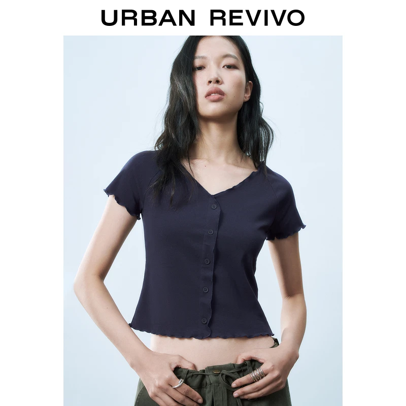 UR2025春季新款女装欧若风撞色线木耳边V领修身短袖T恤UYY450019
