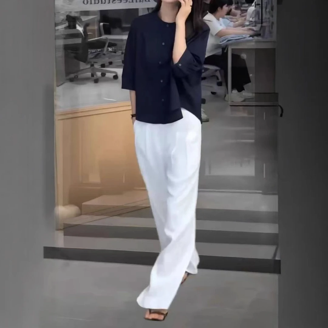 网红爆款时尚套装2025夏季新款简约圆领宽松七分袖衬衫宽松阔腿裤