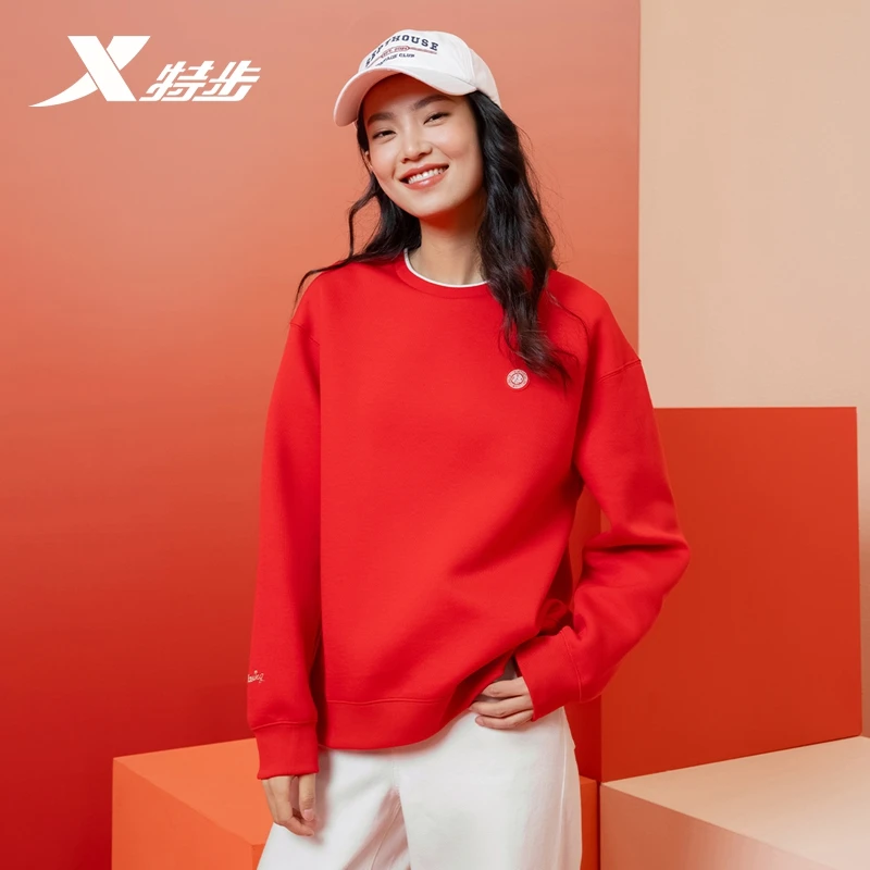 特步套头衫女士25春季女士红色圆领运动卫衣975128920245