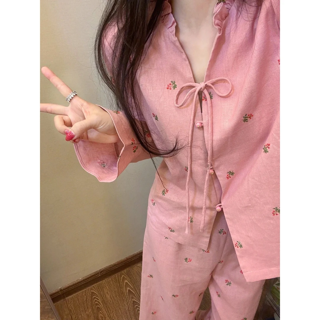 GIOIO日系少女甜美蝴蝶结碎花睡衣女春秋新款ins纯欲风家居