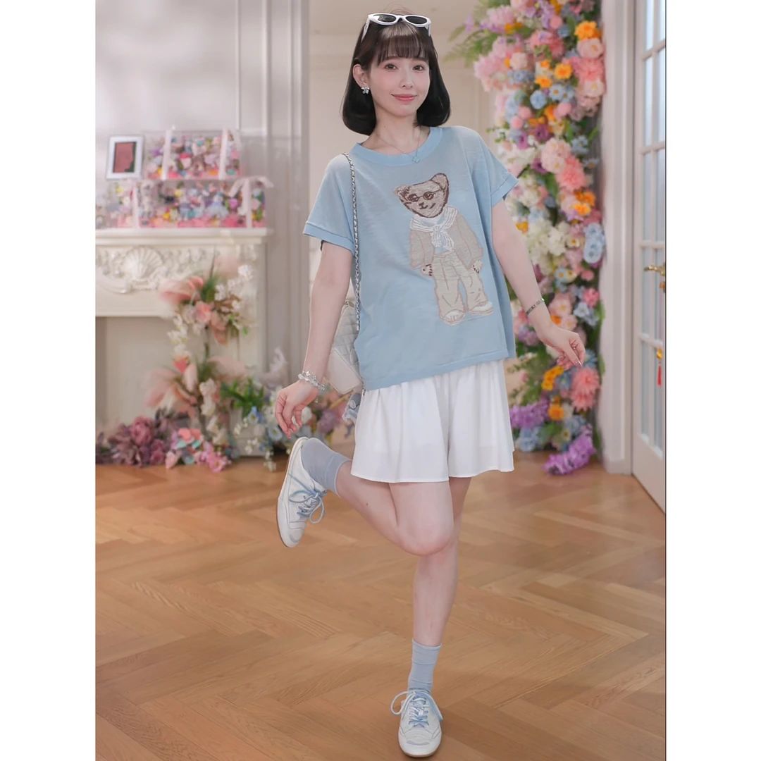 maodan/猫单【奶盐小熊】孕妇装夏季简约常规卡通圆领T恤宽松遮孕肚