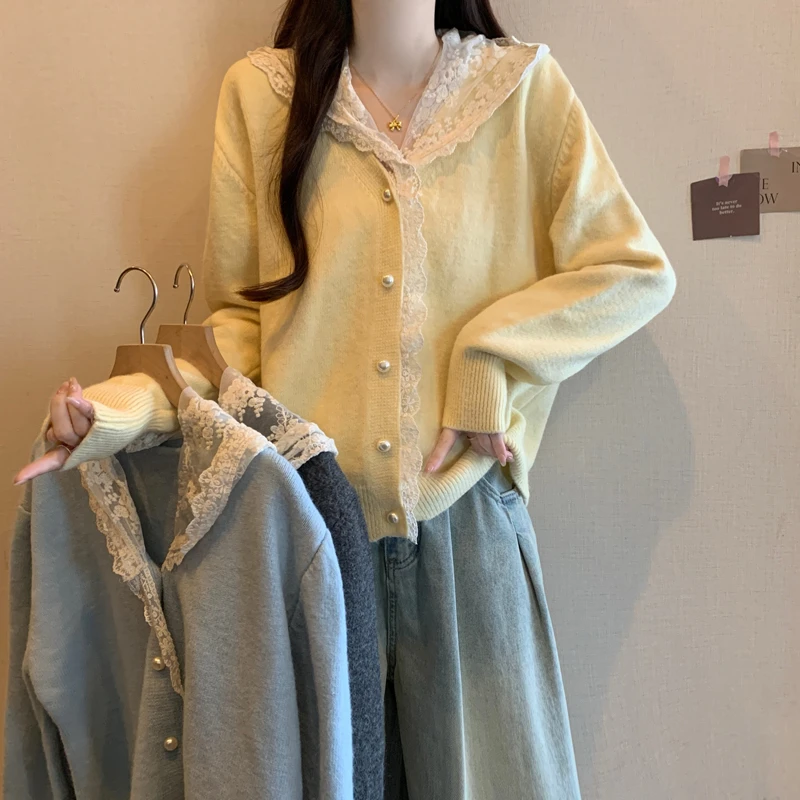 2024大码秋冬韩系简约蕾丝帽拼接精致长袖针织衫百搭开衫毛衣
