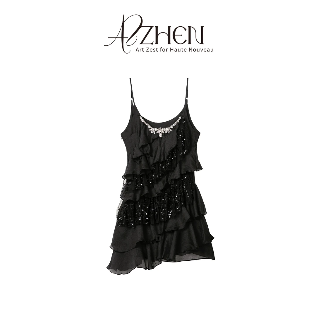 AZZHEN【黑暗荣耀】重工荷叶边拼接珠片吊带连衣裙AZ4KXL31-00