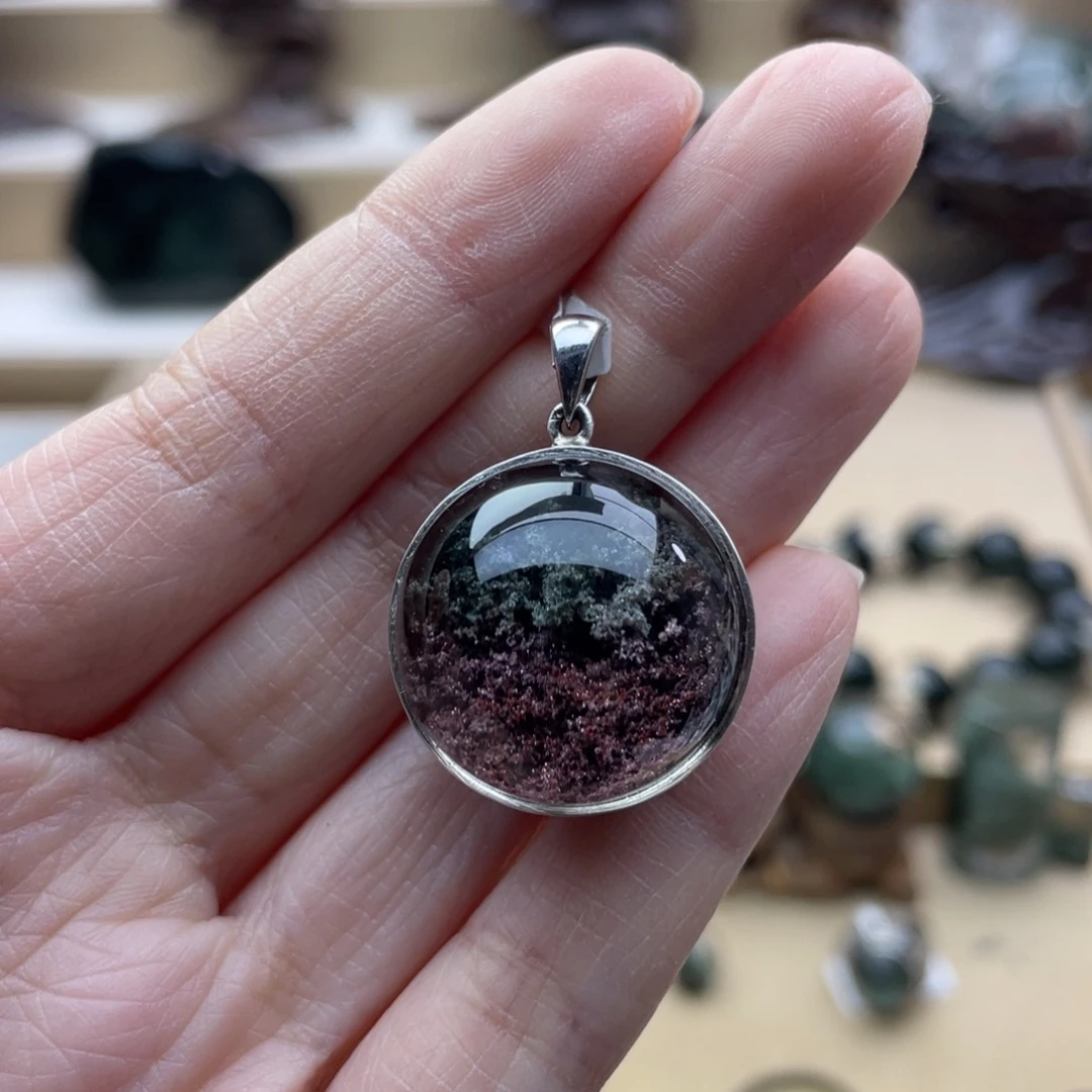 颈饰银S925镶嵌水晶绿幽灵吊坠