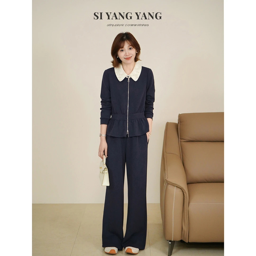 斯洋洋SIYANG刺绣棉感针织娃娃领减龄通勤长裤套装TZ509A022SYY