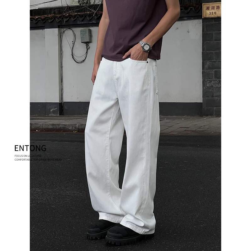 Entong美式复古白色微喇牛仔裤男士夏季潮牌宽松直筒vibe阔腿裤子