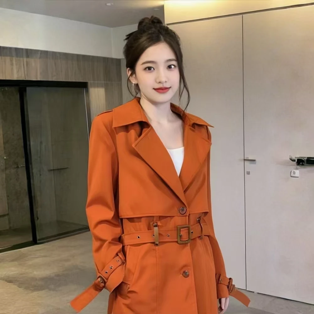 D092新款2025时尚翻领长袖收腰高级显瘦风衣女直筒秋季中长款外套