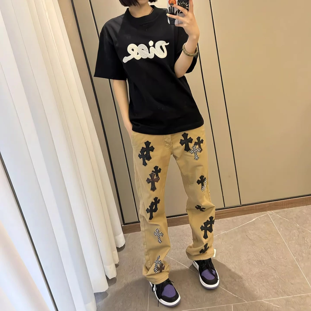 美式十字架轻奢牛仔裤重工刺绣贴皮男女同款宽松休闲百搭阔腿长裤