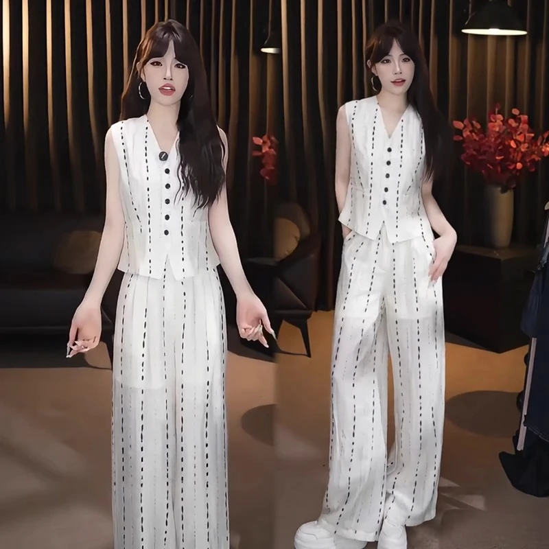 时尚套装女2025夏季新款时髦洋气无袖马甲上衣阔腿裤气质两件套潮