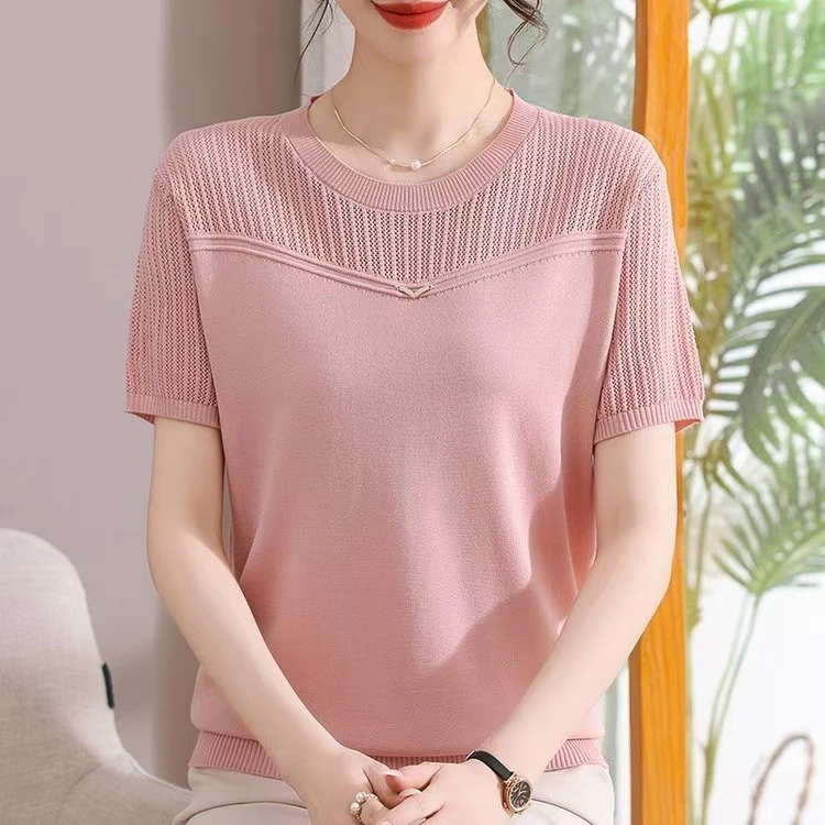 妈妈装圆领t恤衫夏季新款时尚优雅宽松遮肚针织衫短袖上衣8958