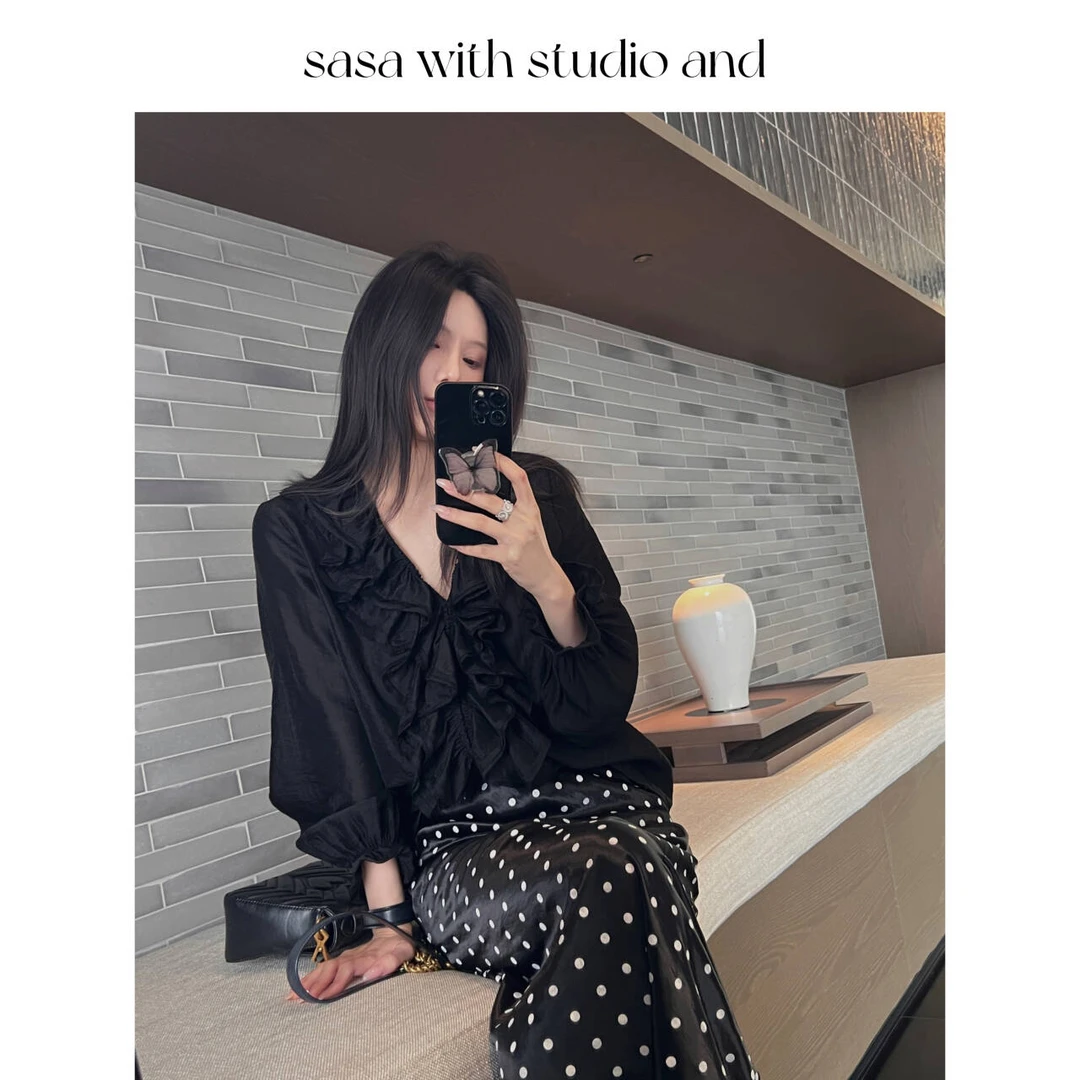 通勤宽松V领荷叶边长袖小衫舒适韩版百搭上衣 75201