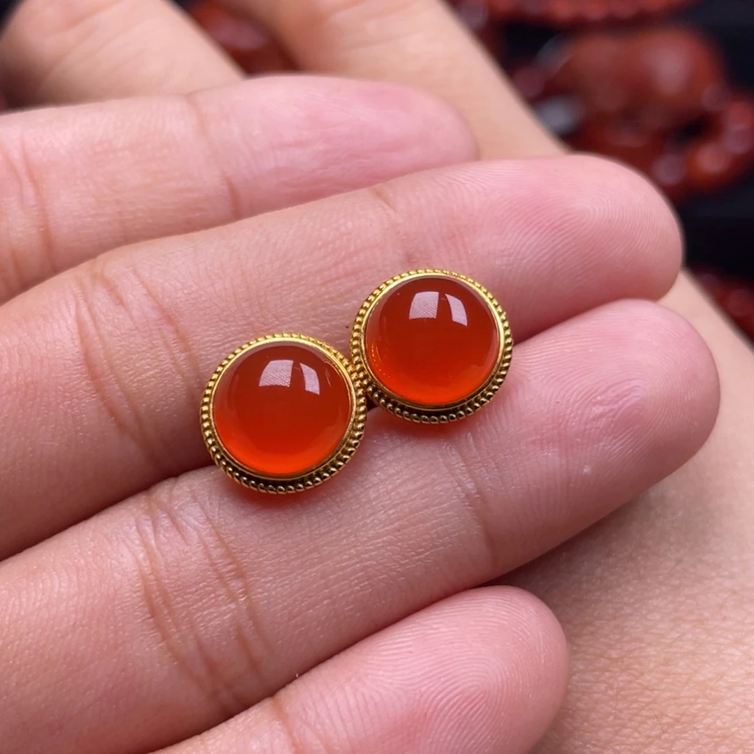 南红玛瑙珠宝奇石18K金镶嵌耳钉