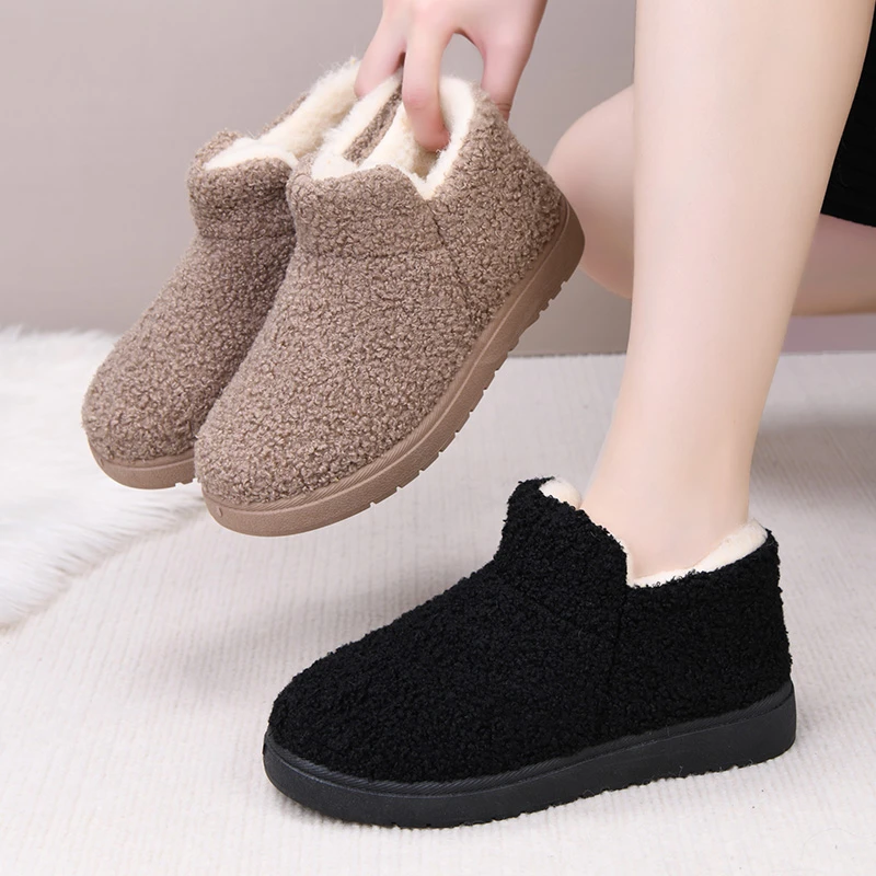 潮流舒适雪地靴一脚蹬懒人平底鞋时尚加绒加厚女款女士棉靴软底