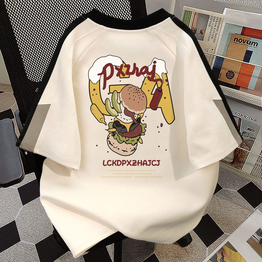 100%纯棉国潮高街汉堡印花圆领短袖t恤男女夏季新款百搭情侣上衣