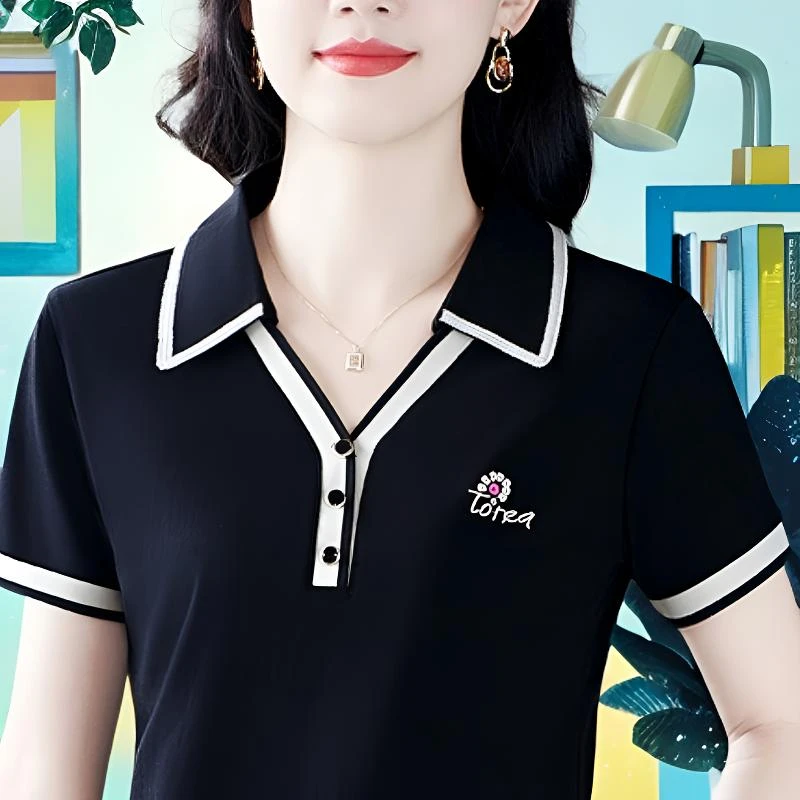 黑色t恤女时尚洋气2025潮妈妈短袖上衣运动polo衫翻领宽松中老年
