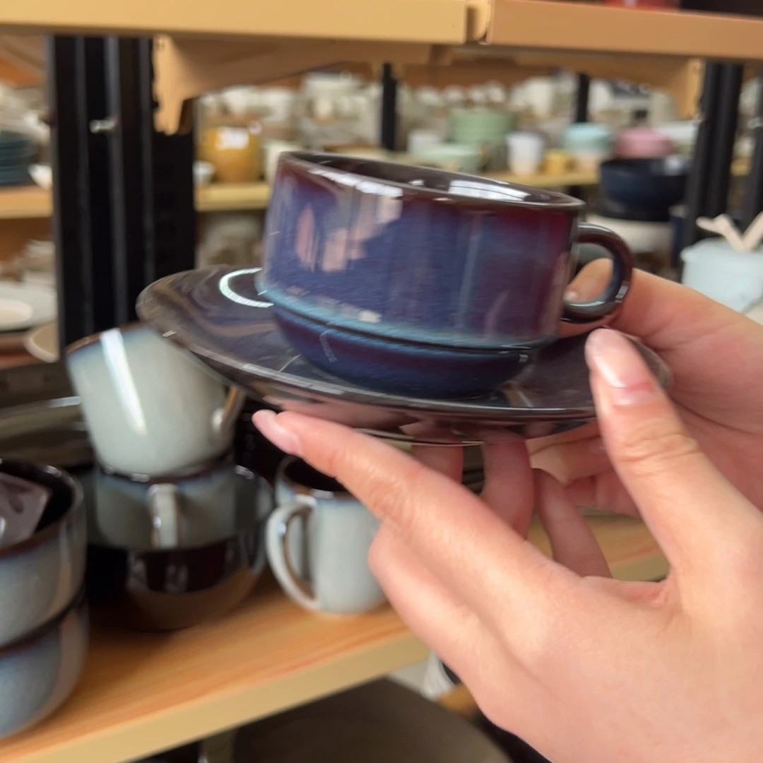 新骨瓷077瑕疵慎拍麟彩蓝 中号咖啡杯碟套装