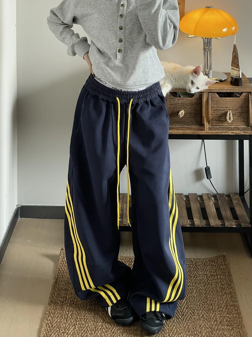 美式复古藏青色三条杠阔腿弯刀卫裤男女重磅宽松休闲运动潮牌裤子